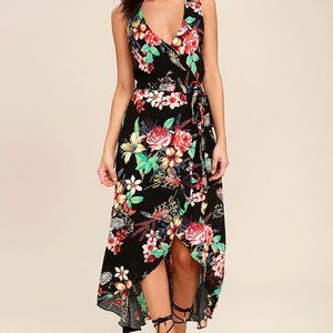 LULUS Black Floral Print Wrap Dress